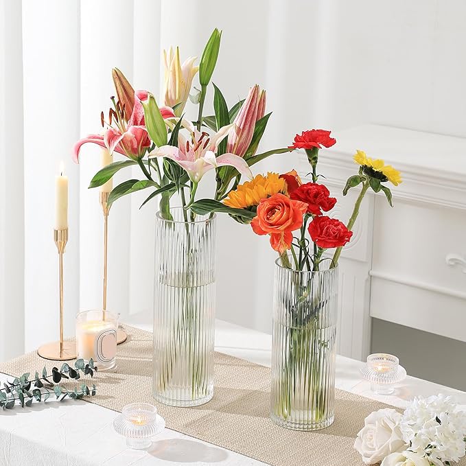 Clear Glass Vase, Glass Flower Vase, Ribbed Glass Vase, Clear Vase, Tall Cylinder Glass Vases for Centerpieces, Living Room, Dining Table, Office, Wedding, Bookshelf Decoration, 9.8 Inches