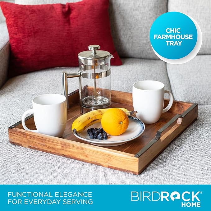 BIRDROCK HOME Wooden Serving Tray with Handles - Farmhouse Decor - Square Top Breakfast Trays - Tea Cheese Board - Coffee Table - Natural Acacia Wood - Kitchen - Bar