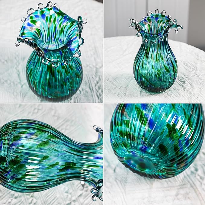 Green Glass Bubble Vase for Flowers, 8.5" Blown Glass Vase for Home Decor, Modern Art Flower Vases Decorative | Table Centerpiece, Olive Plant, Wedding, Living Room, Bookshelf, Office, Entryway