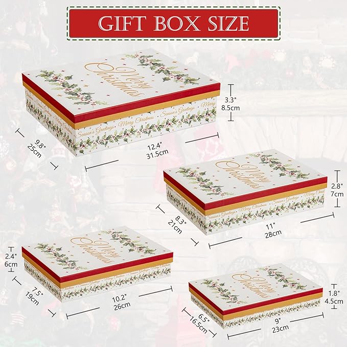 Hollyone 4 Kraft Christmas Gift Boxes with Lids Merry Christmas Sign Gift Wrap Boxes 4 Sizes Xmas Gift Boxes Shirt Box for Wrapping Xmas Holiday Birthday Wedding Present