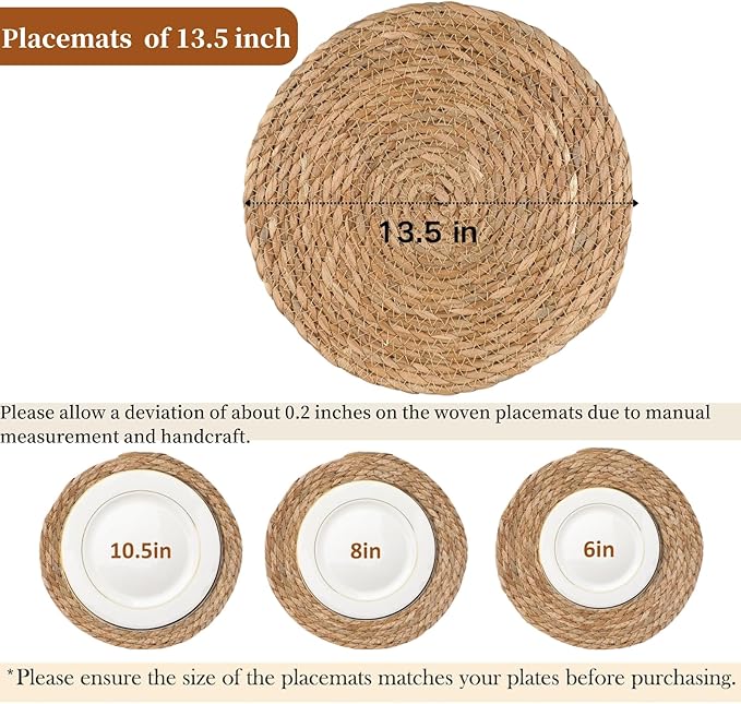 Woven Placemats Set of 4, 13.5" Round Rattan Placemats, Natural Water Hyacinth Place mats, Farmhouse Weave Place Mats, Rustic Braided Wicker Table Mats for Dining Table, Home, Outdoor