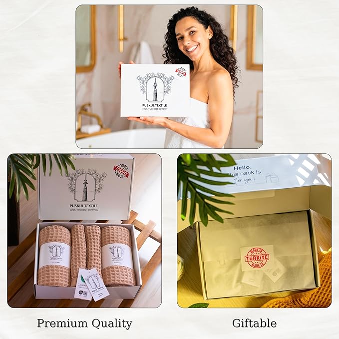 PÜSKÜL - Turkish Waffle Weave Towel Set - 100% Turkish Cotton Long-Staple Cotton, 4-Piece Bathroom Set (2 Bath, 2 Hand Towels) - Made in Turkey (Beige, Towel Set - 2 Hand & 2 Bath Towels)