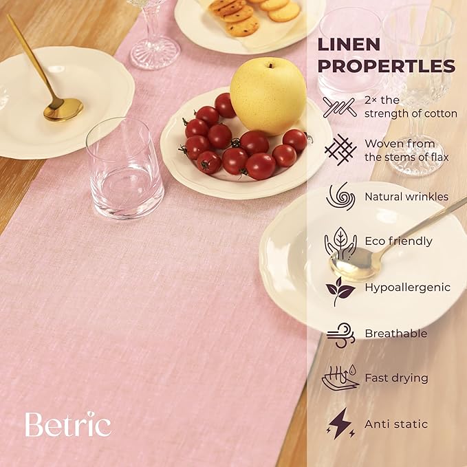 Small Coffee Farmhouse Table Runner for Fall, Thanksgiving, Christmas, and Winter - Athena - 100% Pure Linen - 14 x 48 Inches - Bubblegum Pink