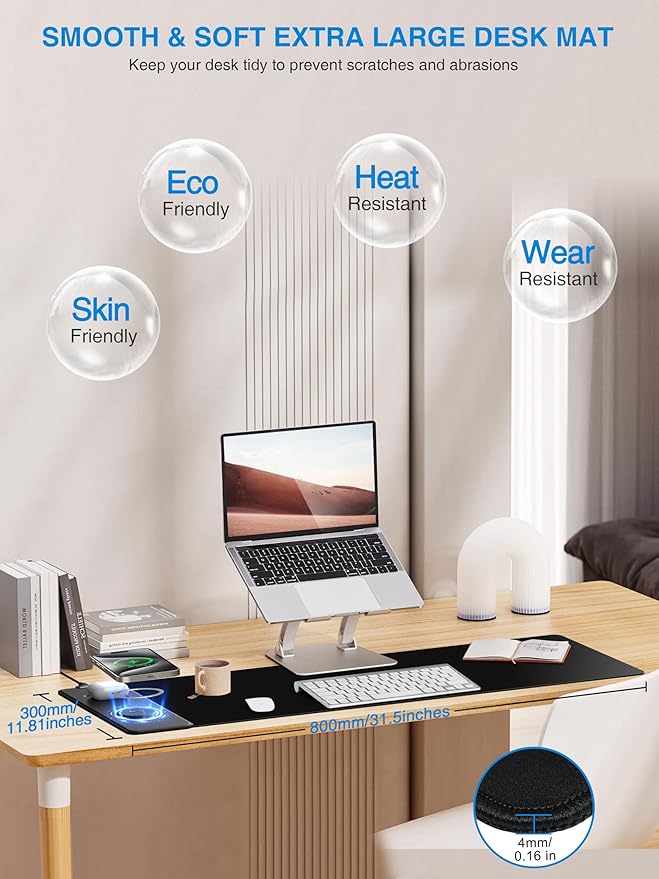 TopMade Mouse Pad with 15W Fast Wireless Charging, 31.5"x11.81" XL Large Gaming Mousepad, Waterproof Desk Pad, Classic Black Computer Desk Mat(Includes 20W PD Power Adapter & 6.56ft Woven Cable)