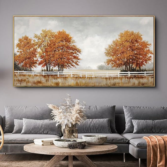 yiijeah Orange Wall Art - Large Canvas Living Room Wall Decor Fall Burnt Orange Tree Picture Ruict Landscape Poster Framed Artwork for Bedroom Office Home Decoration 58x29