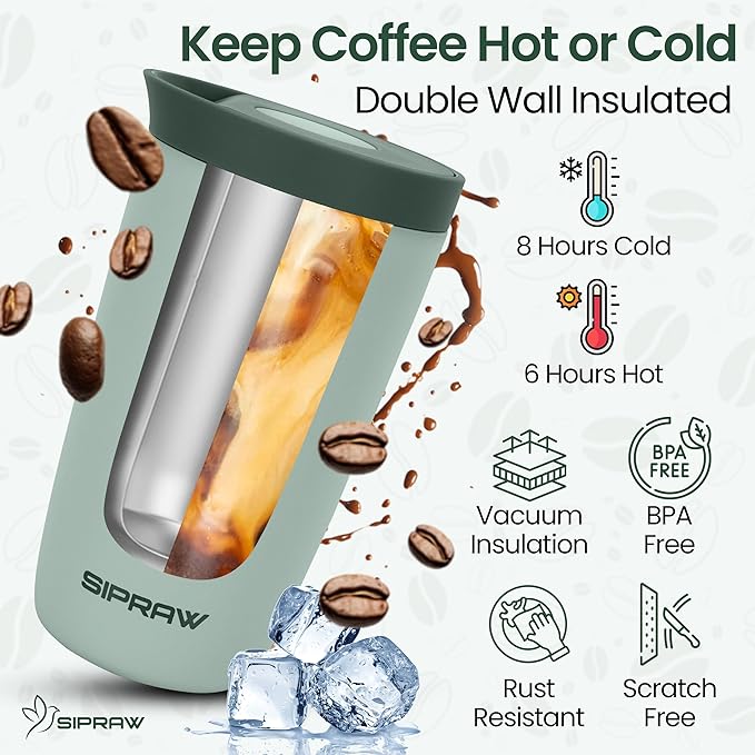 Travel Coffee Mug Tumbler, Reusable Iced Coffee Hot Coffee Cup, Double Wall Insulated Thermal Stainless Steel Material, Gift for Women Men, Perfect for Camping Travelling, 12 oz, Pastel green