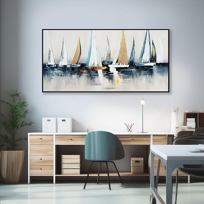 Abstract Wall Art Blue and White Sailboat Wall Paintings Framed Artwork for Living Room Bedroom Bathroom Office Home Decor Can Be Hung Directly 24"x 48"