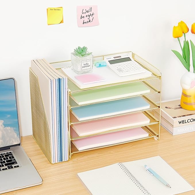 OPNICE 5-Tier Paper Organizer with Magazine Holder, Desk Organizers and Accessories, Office Desk Accessories & Workspace Organizers, Desktop File Organizer for Office Supplies Storage, Gold