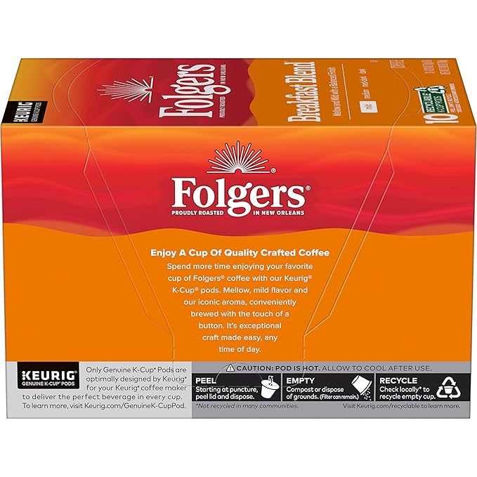 Folgers Breakfast Blend Coffee, Mild Roast, Keurig K-Cup Pods, 10 Count Box