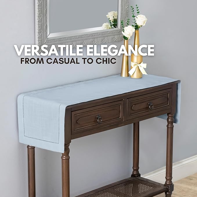 Light Blue Table Runner with Hemstitch – Dusty Blue Table Runner for Home Decor, Weddings, Baby Showers & Dining Room Decorations (14 x 72 Inches Long)