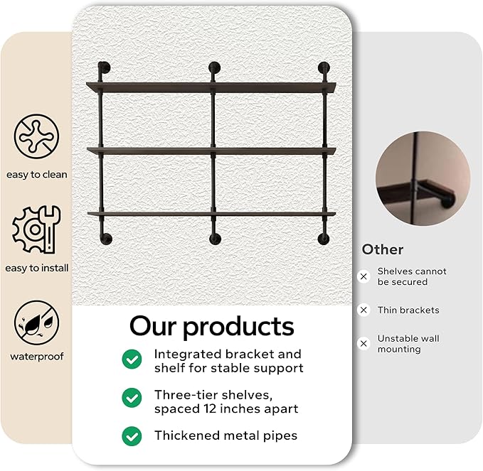 3-Tier Industrial Pipe Floating Shelf – Rustic 48 inch Wood Wall-Mounted Storage Shelf for Kitchen Office,Bathroom & Home Decor -Black