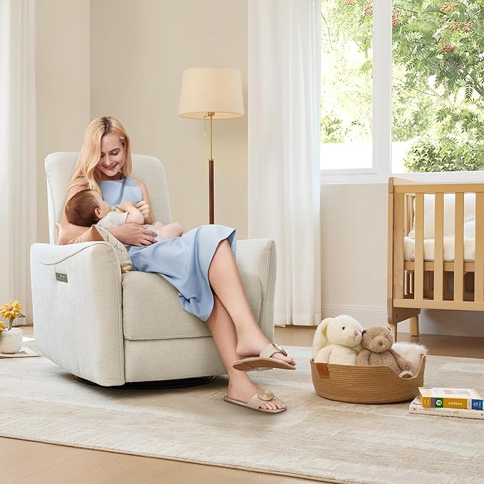 CHITA Power Recliner Chair Swivel Glider, FSC Certified Upholstered Living Room Nursery Reclining Sofa Chair with Lumbar Support, Linen