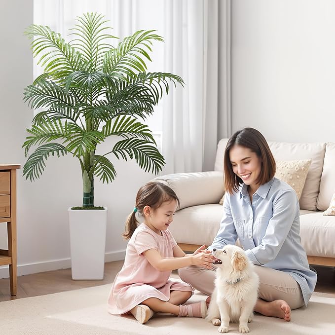 VEVOR Artificial Areca Palm Tree 5 ft, Fake Palm Tropical Plants with White Tall Planter, Faux Floor Silk Plant in Pot, Large Trees for Home Office Living Room Decor House Warming, Indoor Outdoor