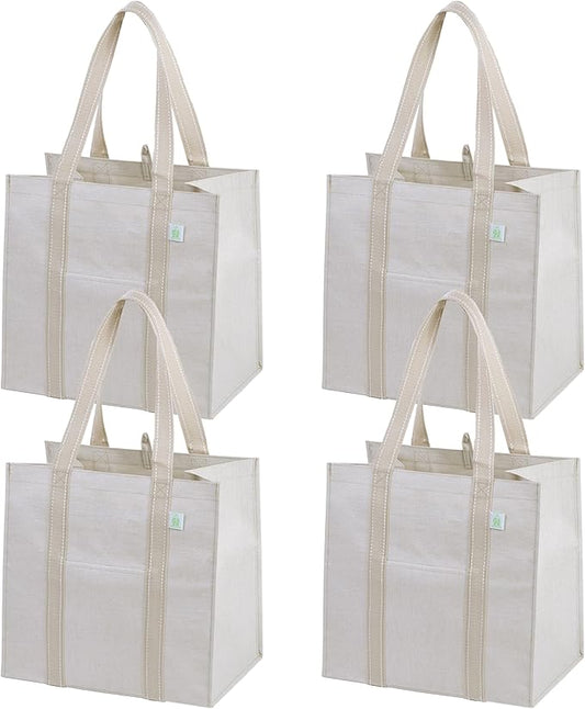 VENO 4 Pack Reusable Grocery Bags, Heavy-Duty Shopping Bags with Handles, Bags for Shopping Cart with Hard Bottom to Stand Upright, Foldable, Multi-Purpose, Sustainable (Beige, 4 Pack)