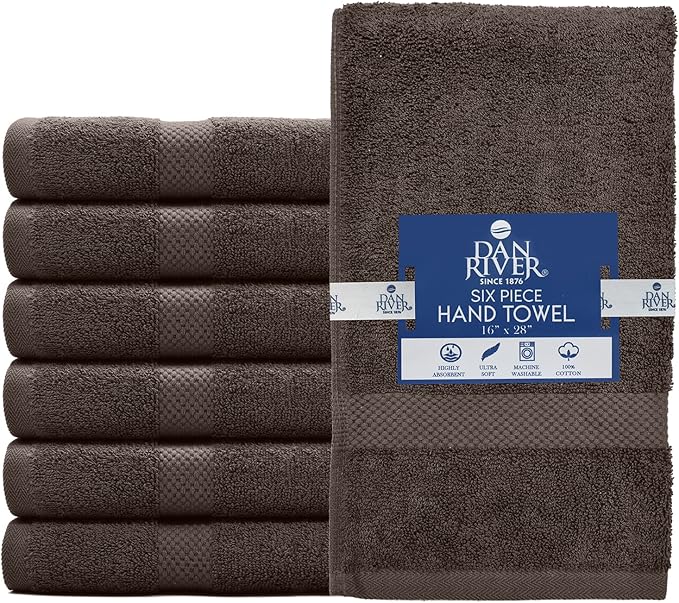 DAN RIVER 6-Pack Premium Hand Towels (16x28 Inches) - 100% Cotton, Ultra Soft, Lightweight, Highly Absorbent Towels for Bathroom, Spa, Gym, Salon, Hotel, and Travel - 550 GSM – Brown