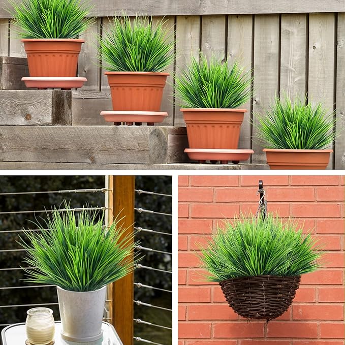 Ouddy Decor 24 Bundles Artificial Plants Outdoors Fake Wheat Grass Faux Greenery Stems Plastic Shrubs UV Resistant for Patio Garden Porch Window Box Spring Home Decor, Green