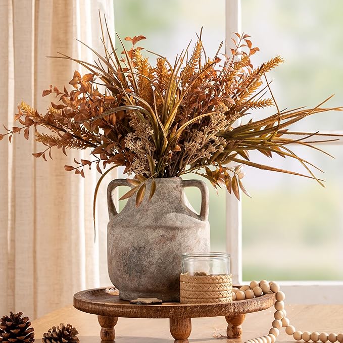 Mitt&Ditt Ceramic Flower Vase with Handles, 8 inch Tall Off-White Vase, Decorative Terracotta Vases, Farmhouse Rustic Pottery Vases for Home Decor, Living Room, Table