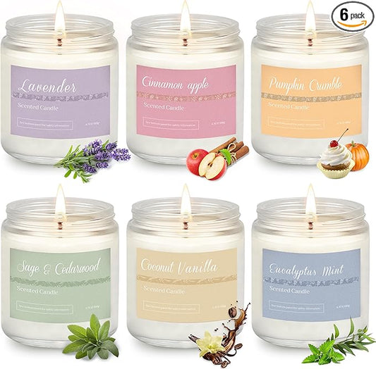 6 Pack Fall Candles for Home Scented, Fall Scented Candles for Women Gifts Autumn Home Decor, Natural Non Toxic Soy Candle Set Pumpkin/Cinnamon Apple/Vanilla/Lavender/Sage/Eucalyptus