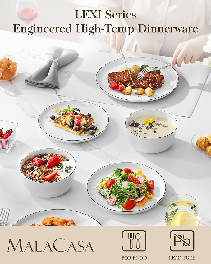 MALACASA 24 Pieces Gourmet Porcelain Dinnerware Sets, Premium Plates and Bowls Set, High-Fired Dishes Set for 8, Chip & Scratch Resistant, Microwave Dishwasher Safe, White & Black Rim, Series LEXI