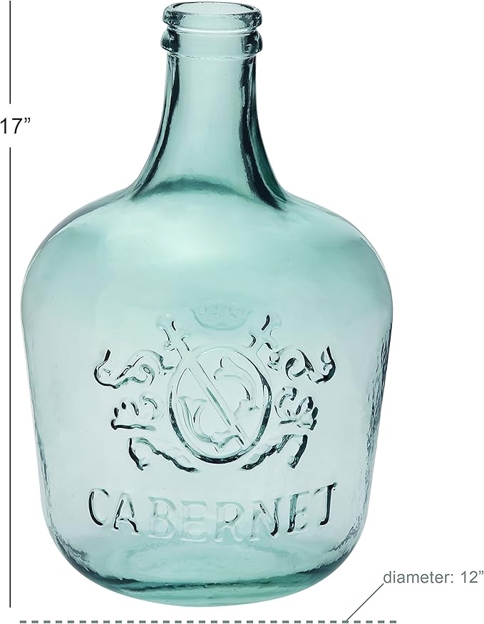 Deco 79 Recycled Glass Handmade Decorative Vase Spanish Bottle Centerpiece Vase with Cabernet and Scroll Design, Flower Vase for Home Decoration 12" x 12" x 17", Clear