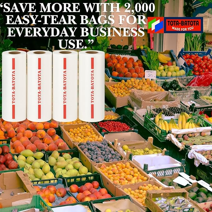 Plastic Produce Bags on Rolls – 2000 Count (4 Rolls), 10x15 in, Clear Food Storage Bags with Easy Tear Red Line, for Fruits, Vegetables, Meat, Freezer, Grocery & Commercial Use, TOTA-BATOTA