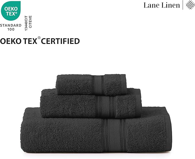 Lane Linen Luxury Bath Towels Set - 6 Piece Set, 100% Cotton Bathroom Towels, Zero Twist, Quick Dry Shower Towels, Absorbent Bath Towel, Super Soft, 2 Bath Towels, 2 Hand Towels, 2 Wash Cloths - Black