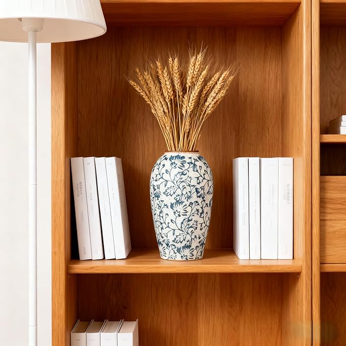 Ceramic Vintage Flower Vase, 9.8 Inch White and Blue Rustic Vases for Home Decor, Handcrafted Farmhouse Tall Vases for Living Room, Table, Bathroom, Chinoiserie Decoration