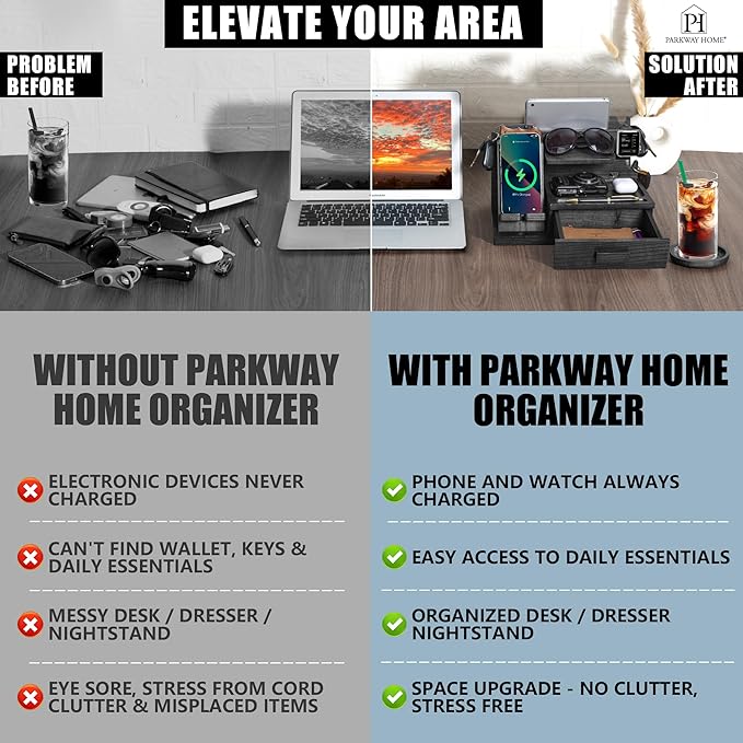 Black Wood Phone Docking Station with Drawer, Compatible with Apple Watch - Wood Charging Station Organizer Stand, Bedside Nightstand Organizer for Men, Holds, Tablet, Glasses, Keys, EDC