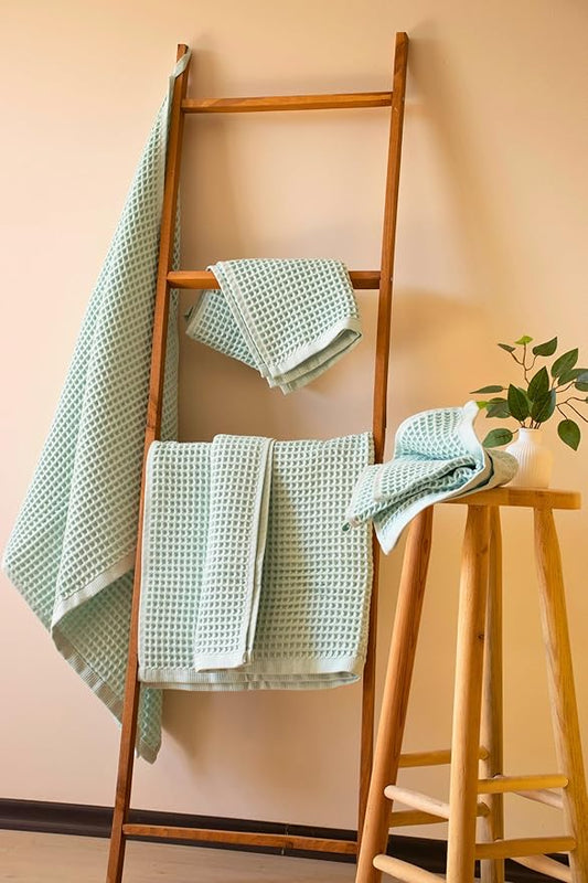 PÜSKÜL - Premium Waffle Towel Set 4 Pieces Ice Green - Organic 100% Turkish Cotton Quick-Dry Towels for Bathroom Made in Turkiye (Ice Green, Towel Set - 2 Hand & 2 Bath Towels)