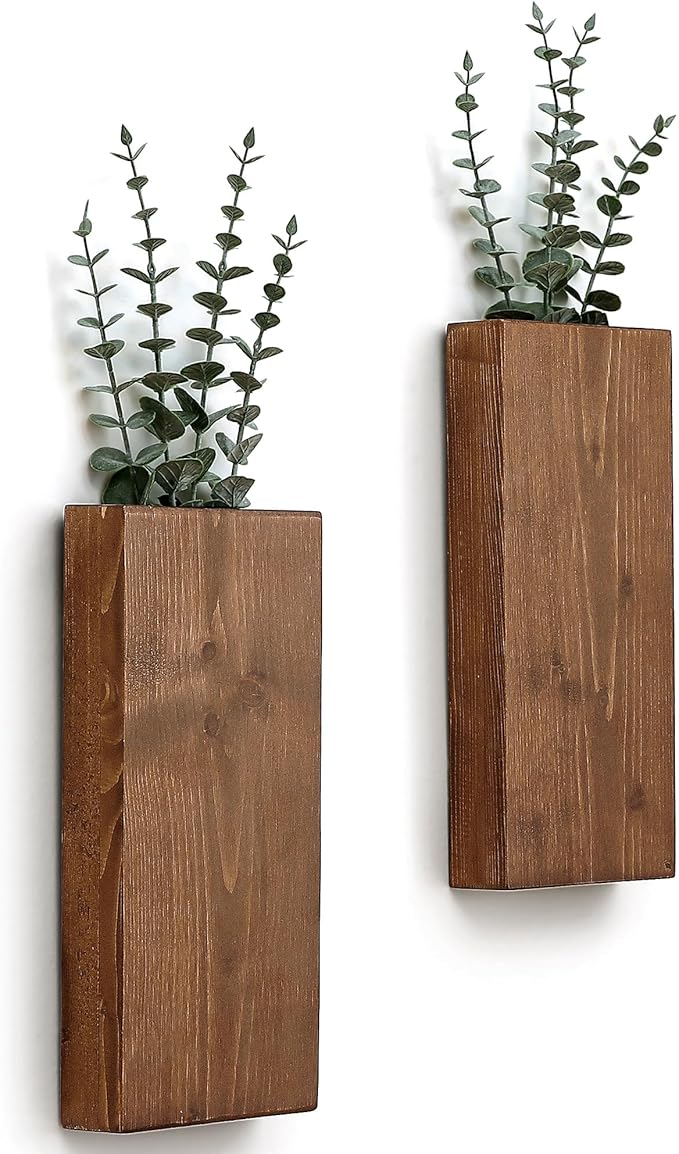 Wood Wall Planter Set of 2, Wood Wall Pocket for Greenery and Dried Flowers, Indoor Hanging Vase, Modern Farmhouse Wall Decor for Living Room Bedroom Office Eucalyptus Stems Decorations (Walnut)