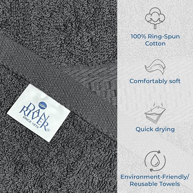 DAN RIVER 100% Ring Spun Cotton 3-Piece Towel Set, Grey, Bath Towel, Hand Towel and Washcloths, 550 GSM - Soft, Absorbent Quick Dry Cotton Towels for Bathroom, Spa, and Gym