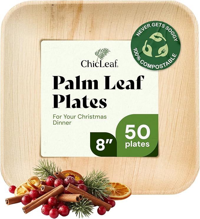 Chic Leaf Disposable Palm Leaf Plates - 50 Count, 8" Square, Christmas Meal - Bamboo Plates, Biodegradable & Compostable - Microwave Safe & Heavy Duty - Event & Party Supplies - Wedding Decor