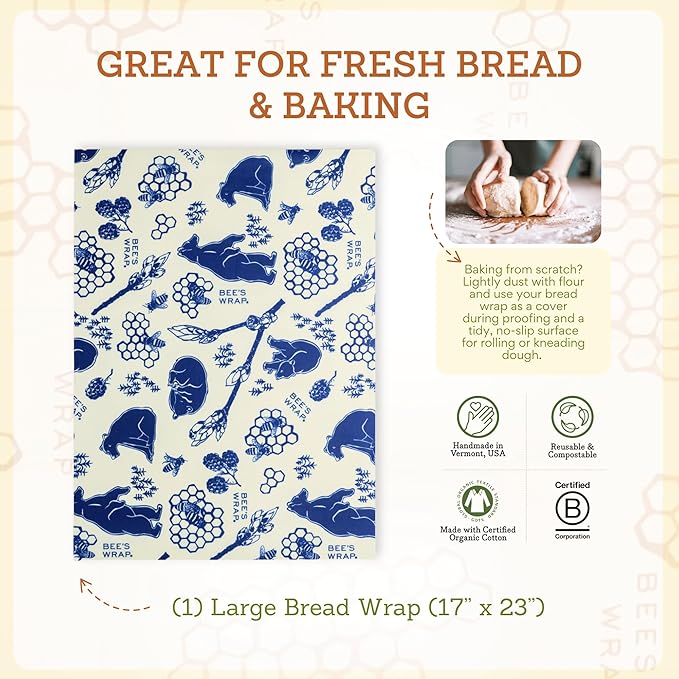 Bee's Wrap Beeswax Wraps for Food - Bread Wrap - Made in USA Reusable Bread Storage Bags - Organic & Eco-Friendly Alternative to Aluminum Foil, Sourdough Bags & Plastic Wrap, Bees + Bears