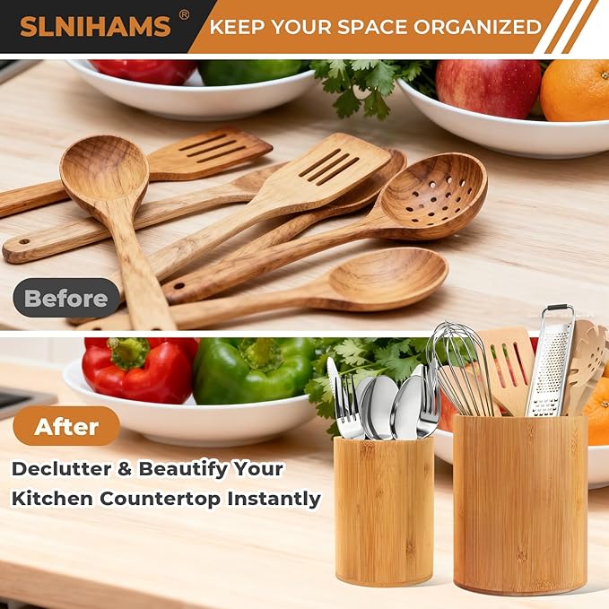 Bamboo Utensil Holder, 7.3"+5.4" Set of 2 Utensil Holders for Kitchen Counter, Bamboo Spoon and Chopstick Organizer, Flatware, Spatula & Silverware Storage Containers, for Countertop & Pantry