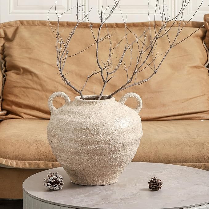 Ceramic Flower Vase, Large Farmhouse Vases Home Decor, Handmade Rustic Vase with Handles, Decorative Flower Vase for Home Entryway Living Room Dining Table Farmhouse Office Decor(10.1inch)