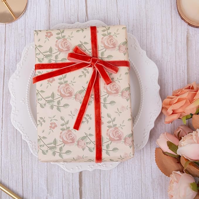 Vintage Terracotta Velvet Ribbon Christmas Ribbon for Gift Wrapping Crafts Christmas Tree Ornaments Garland Decorations, 3/8 Inch X 25Yd