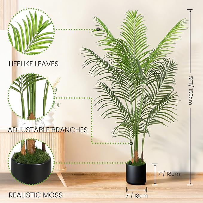 5FT Artificial Palm Tree, Tall Fake Tropical Areca Plant with Black Round Planter for Indoor Outdoor Home Decor, Realistic Faux Palm Tree for Living Room, Office, Porch, Garden