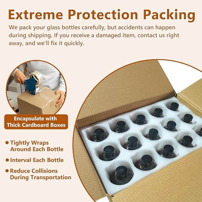 15 Pack 16oz Amber Glass Boston Round Bottles with Phenolic Polycone Caps – Airtight, Leak-Proof Brown Glass Containers for Kombucha Brewing, Storing Condiments, Essential Oils, and Homemade Solutions