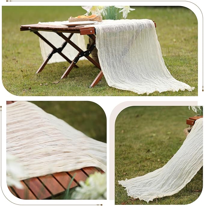 Le courant 10Ft Cheesecloth Table Runner, Rustic Boho Gauze Cheese Cloth Runner Table Runner for Weddings Bridal Baby Shower Birthday Holiday Parties Home Decor, Beige