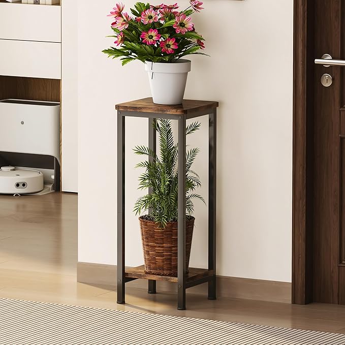 Homeiju 2-Pack Plant Stand Indoor, 2 Tier Wood Corner Plant Stand, Modern Square Plant Shelf Flower Stand for Living Room Patio Balcony Garden, Rustic Brown