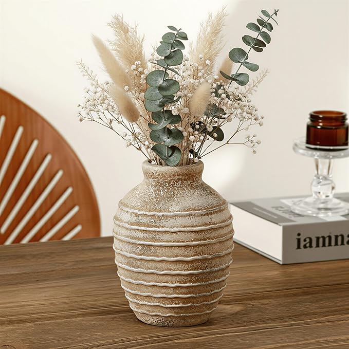 6.6-Inch Terracotta Ceramic Flower Vase, Rustic Farmhouse Boho Pottery Centerpiece for Table, Living Room & Shelf