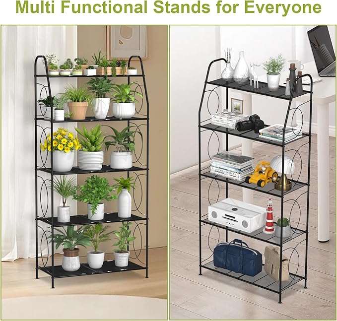 5 Tier Plant Stand Indoor Outdoor, Heavy Duty Plant Shelf, Metal Mesh Tall Plant Stands Holder Rack for Living Room Balcony and Garden, Black