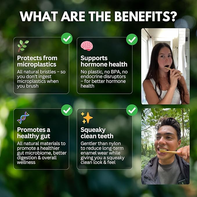 PRIMALS Boar Bristle & Bamboo Toothbrush (4-Pack) - Premium Boar Bristles - Fully Biodegradable - Plastic & Nylon Free - Quick Dry Design