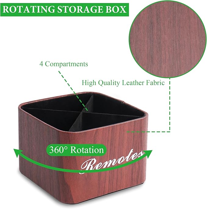 Hennaja Square Leather Art Supply Organizer,Remote Control Holder with Removable Dividers,360°Rotatable Pencil Holders,4 Compartments Organizer for Office Supplies Storage Box(1-Light Brown)