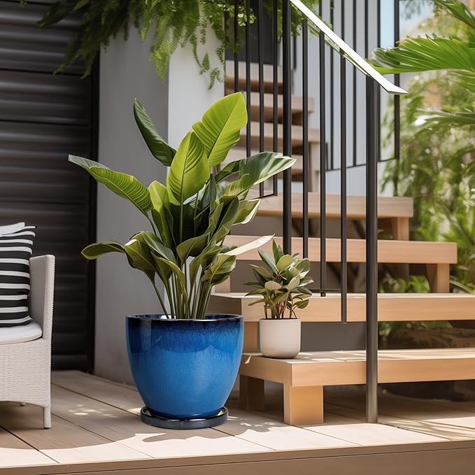 Ceramic Pots for Plants - 10 Inch Planter for Indoor Ourdoor Plants Modern Large Flower Pot with Drainage Hole and Saucer Room Home Office Garden Patio Porch Decor Blue