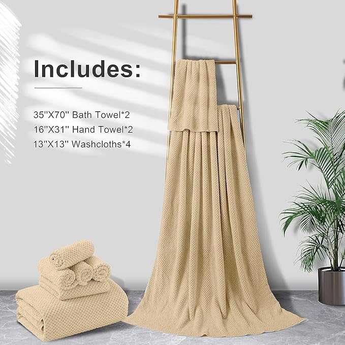 8-Piece Bath Towel Set, 2 Extra Large Bath Towel Sheets, 2 Hand Towels and 4 Washcloths - Highly Absorbent Quick Dry Microfiber,Ultra Soft Towel Set for Bathroom, Waffle Weave, Pack of 8 (Camel)