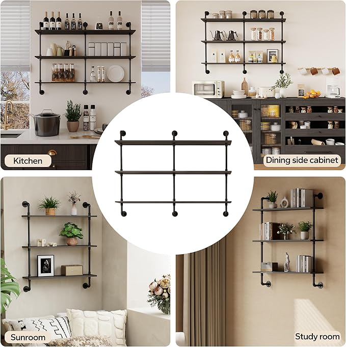 3-Tier Industrial Pipe Floating Shelf – Rustic 48 inch Wood Wall-Mounted Storage Shelf for Kitchen Office,Bathroom & Home Decor -Black