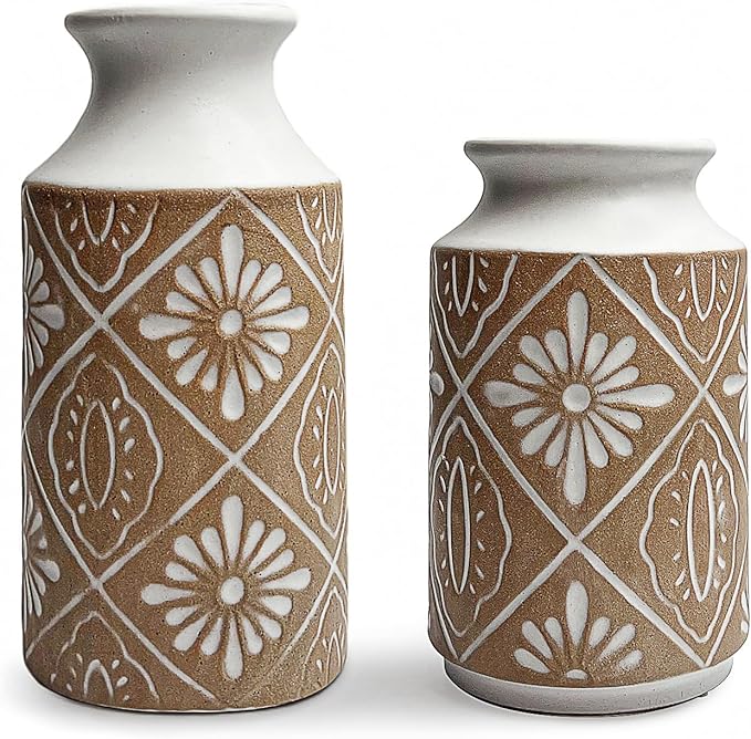 Rustic Ceramic Vase Set of 2 for Living Room Bedroom 11.02'' and 9.05'' Large Unique Flower Vases for Home Decor Office Centerpieces Fireplace Vintage Antique Farmhouse Modern Gift for Plant