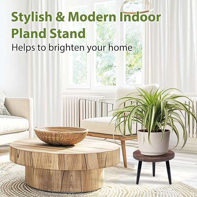 8 Inch Plant Stand, Small Floor Indoor Plant Stand, Mid Century Wood Planter Stand with Metal Legs, Round Modern Plant Stool for Indoor Outdoor Flower Pots, Brown