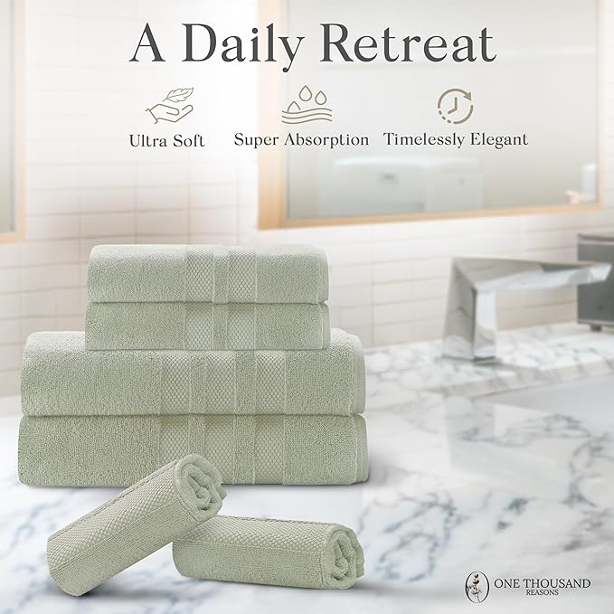 Premium Staple Cotton Bathroom Towel Set - Sage Green 600 GSM 6-Piece Luxury Bath Towel Set 3 Stripe - 2 Bath Towels, 2 Hand Towels & 2 Washclothes Set - High Absorbent & Quick Dry for Gym, Spa, Hotel